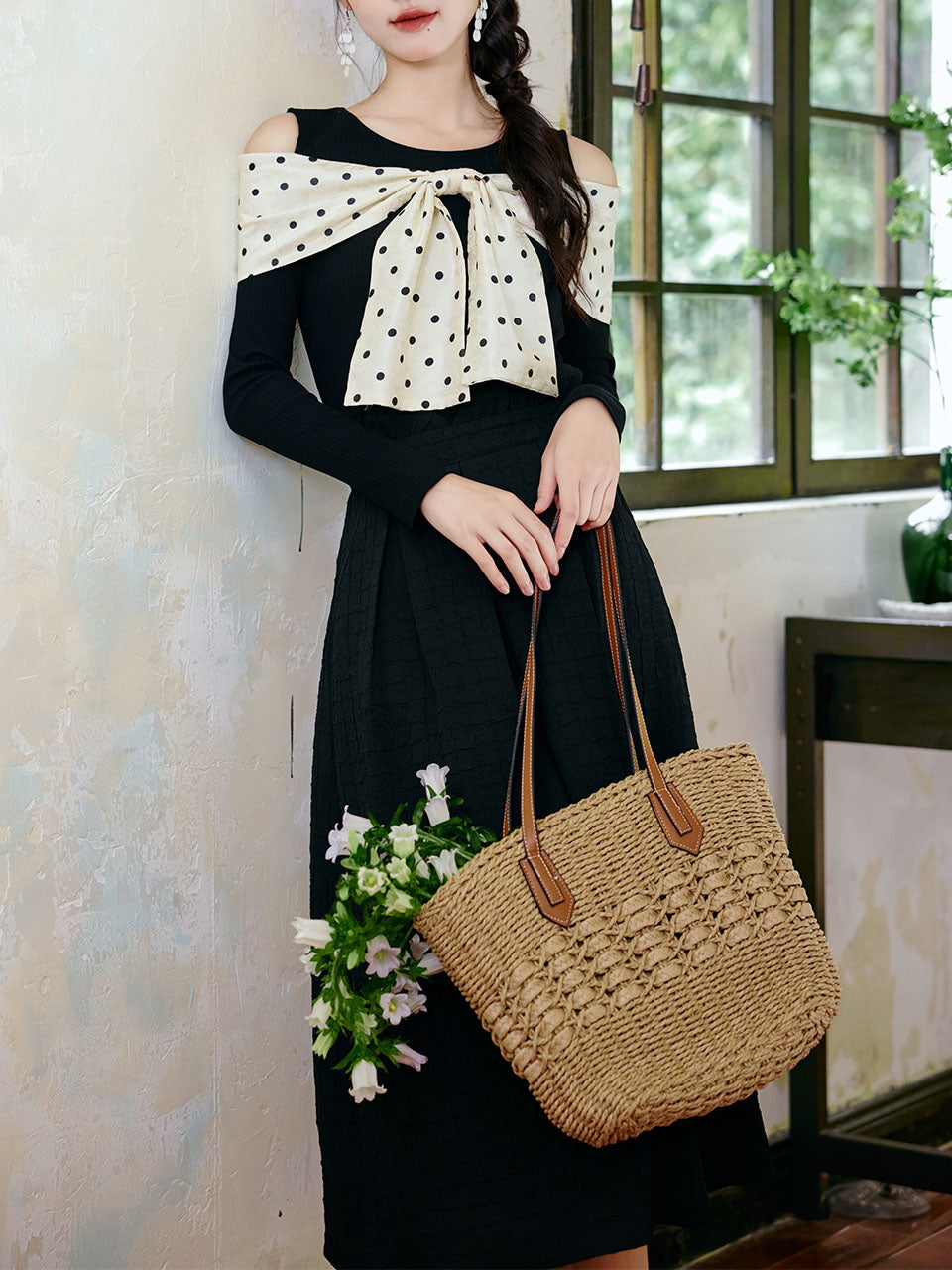 Retro Polka Dot Bow Top and Black Skirt 1950s Vintage Suit