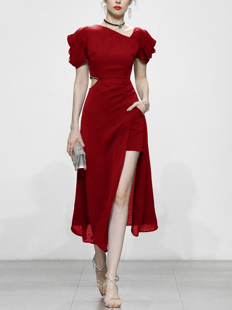 1960S Asymmetric Neck Waist Cutout Slit Party Dress