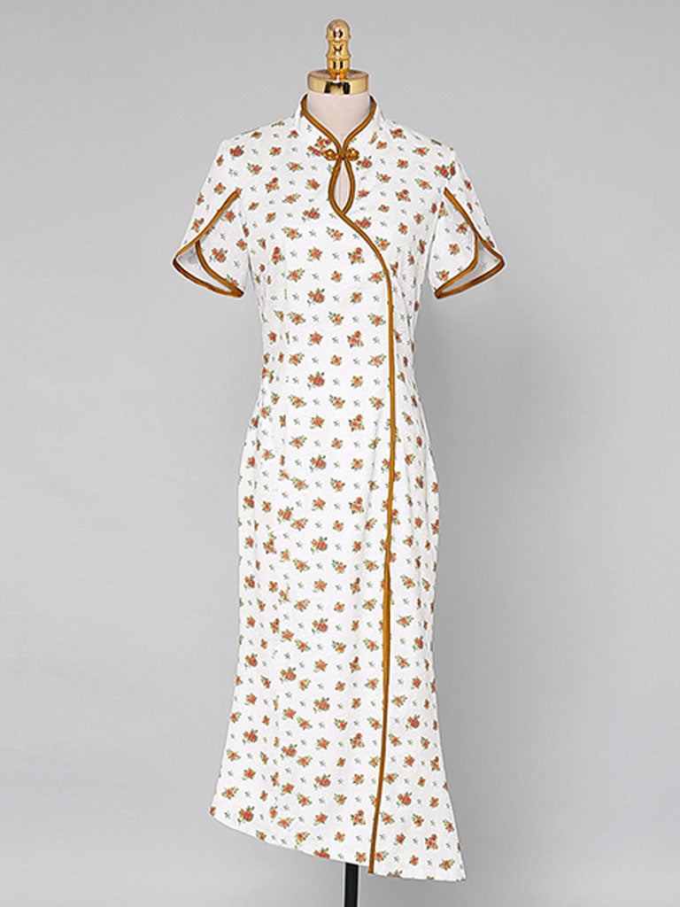 Petal Sleeve Fishtail Slit Print Cheongsam Dress