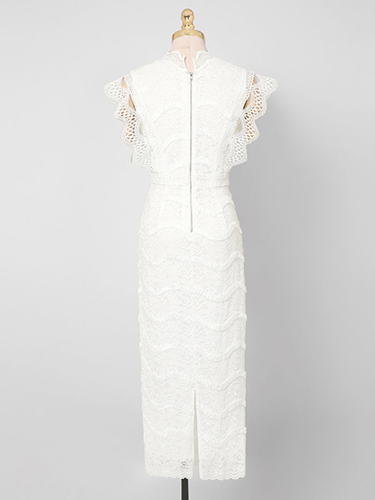 White V-Neck Lace Midi Vintage Wedding Dress