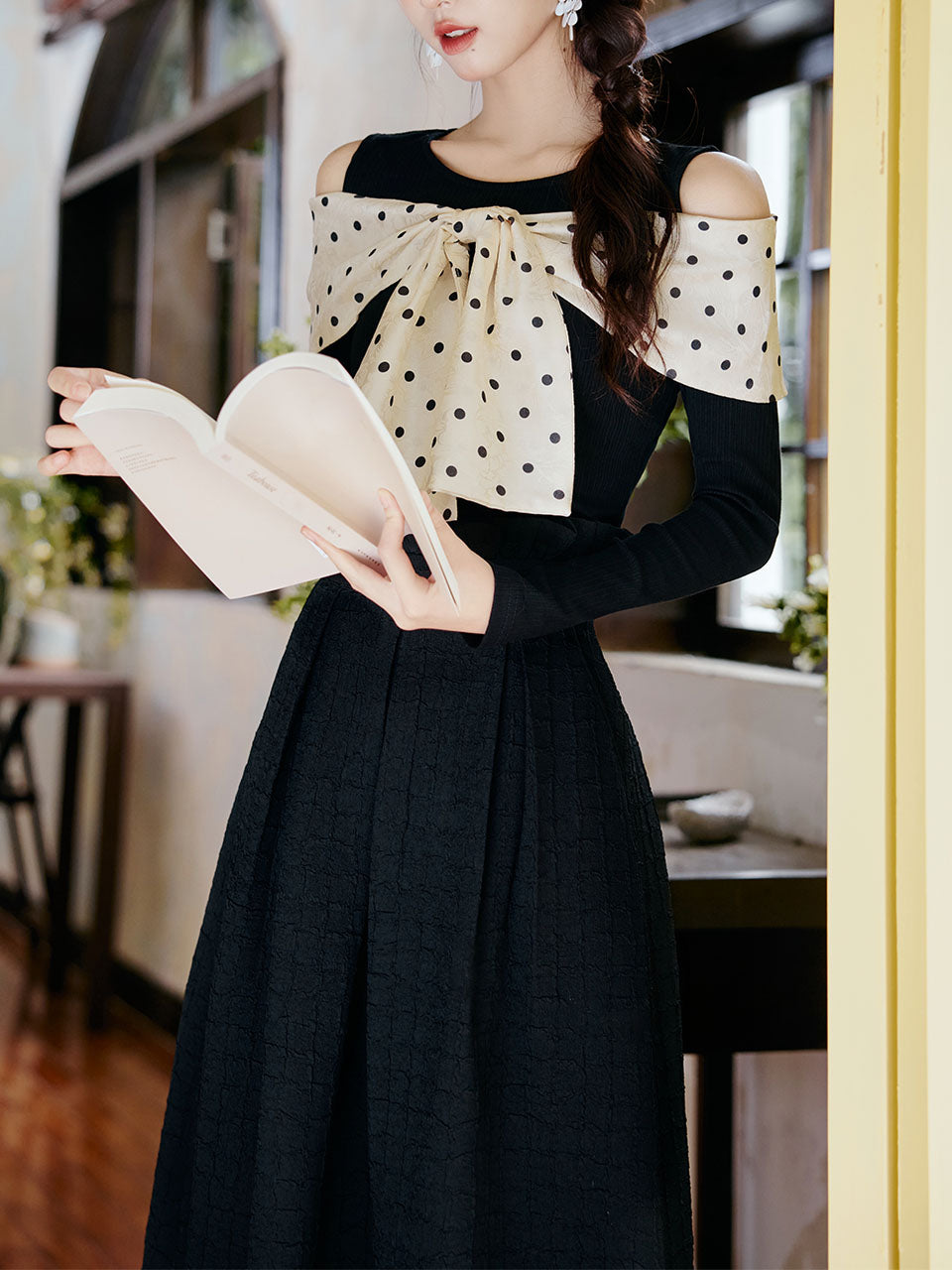 Retro Polka Dot Bow Top and Black Skirt 1950s Vintage Suit