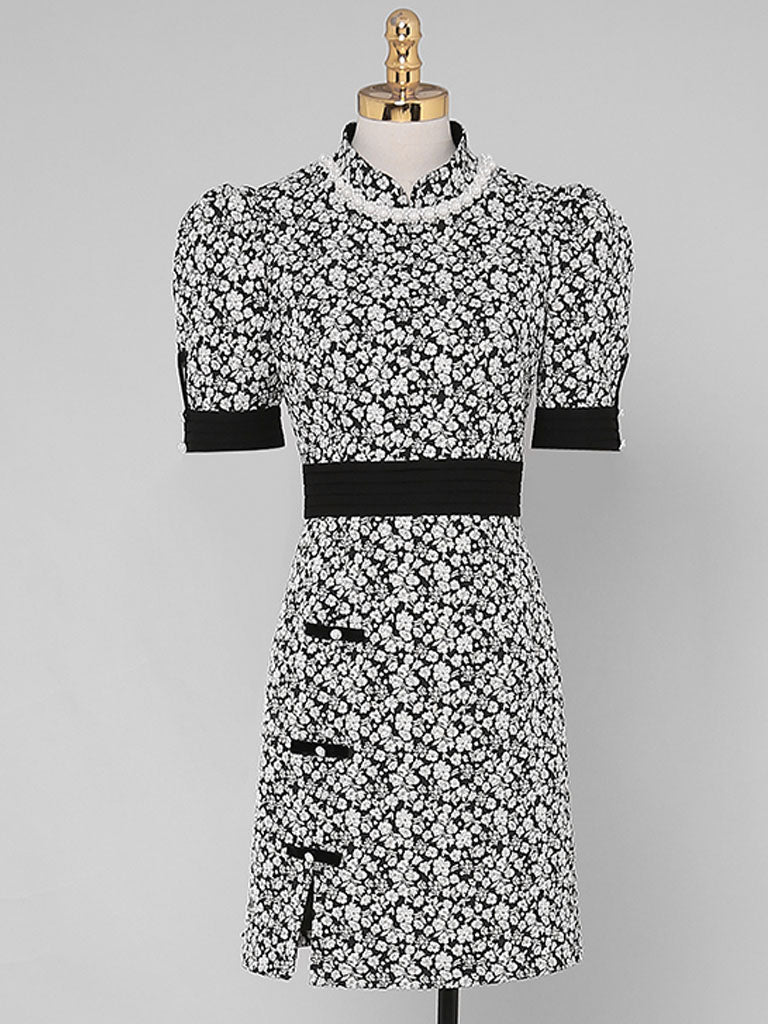 Black Jacquard Vintage Style Mini Cheongsam Dress