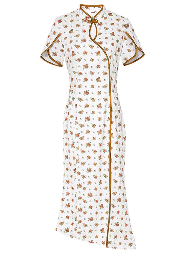 Petal Sleeve Fishtail Slit Print Cheongsam Dress