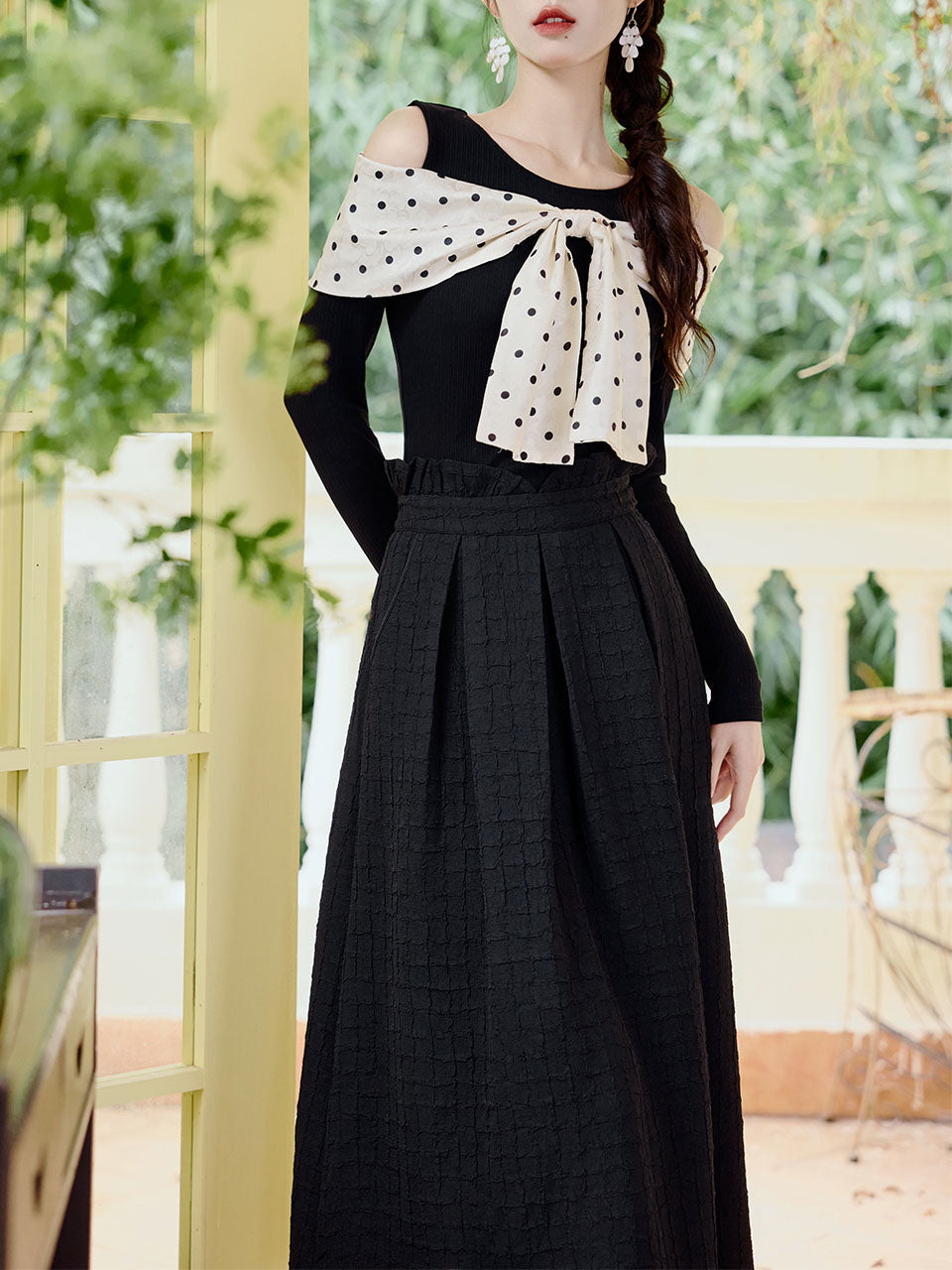 Retro Polka Dot Bow Top and Black Skirt 1950s Vintage Suit