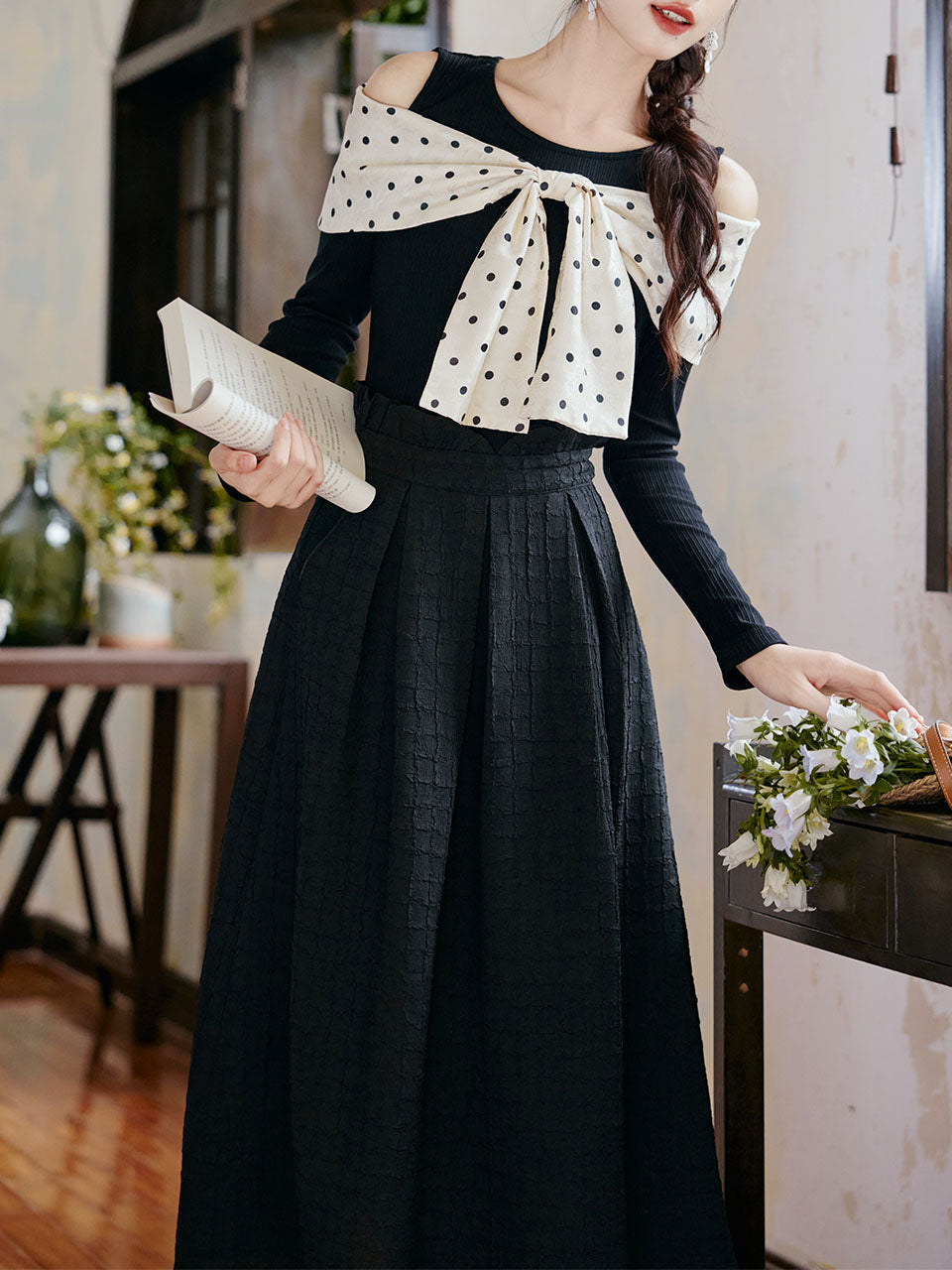 Retro Polka Dot Bow Top and Black Skirt 1950s Vintage Suit