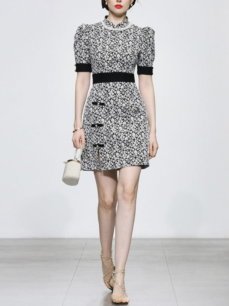 Black Jacquard Vintage Style Mini Cheongsam Dress