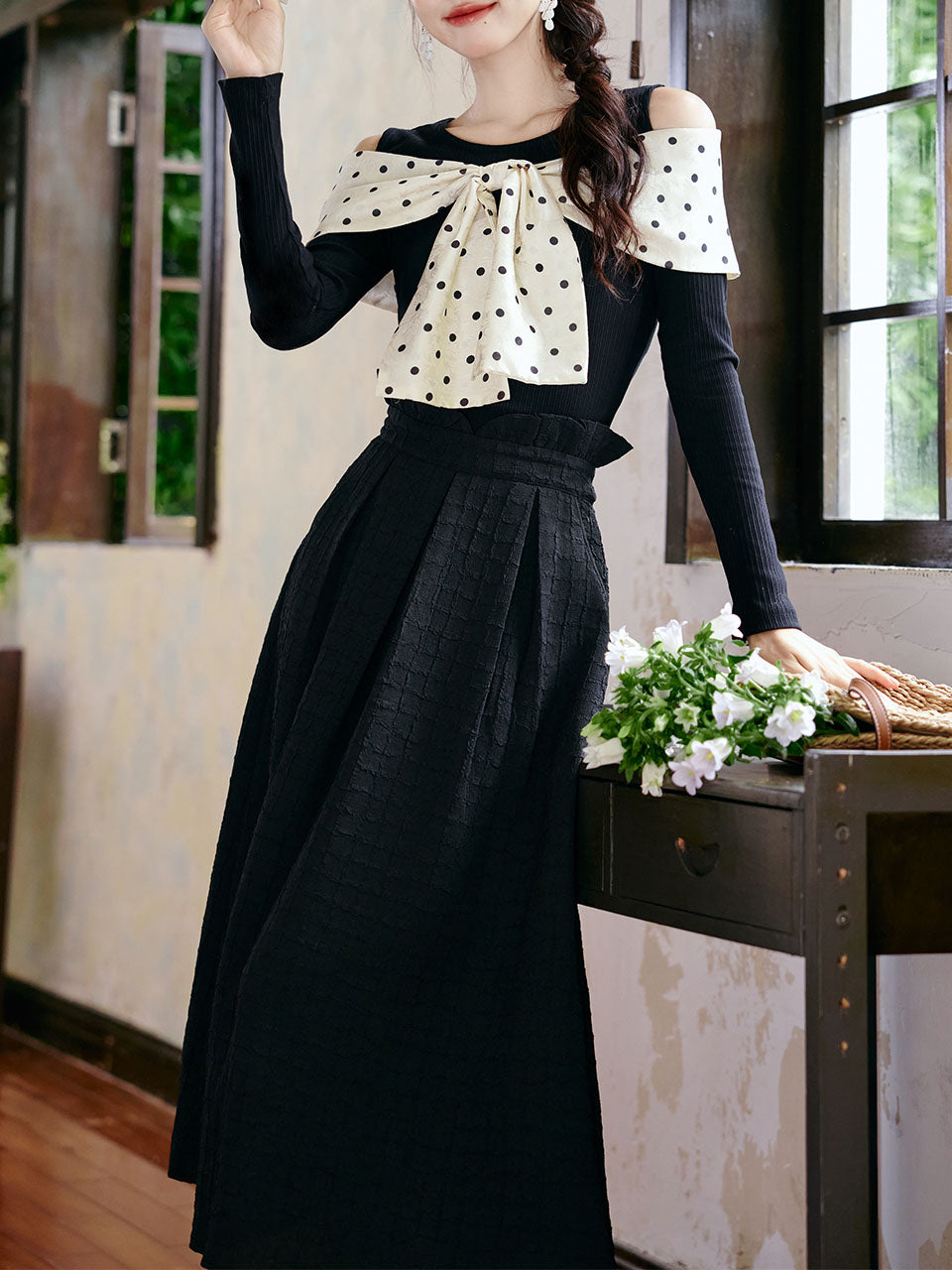 Retro Polka Dot Bow Top and Black Skirt 1950s Vintage Suit
