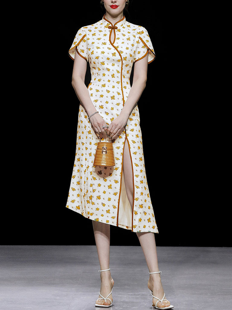 Petal Sleeve Fishtail Slit Print Cheongsam Dress
