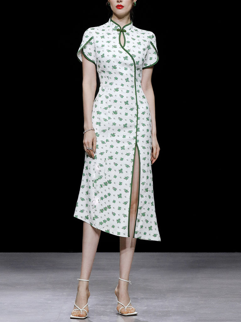 Petal Sleeve Fishtail Slit Print Cheongsam Dress