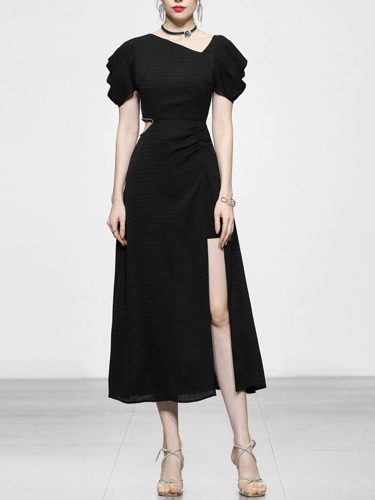 1960S Asymmetric Neck Waist Cutout Slit Party Dress