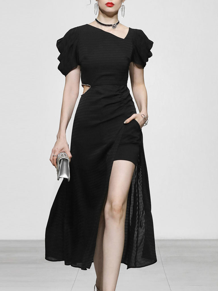 1960S Asymmetric Neck Waist Cutout Slit Party Dress