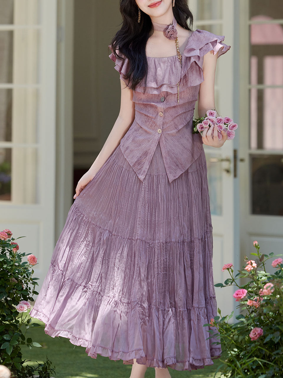 Lilac Off-The-Shoulder Ruffle Maxi Dress Set