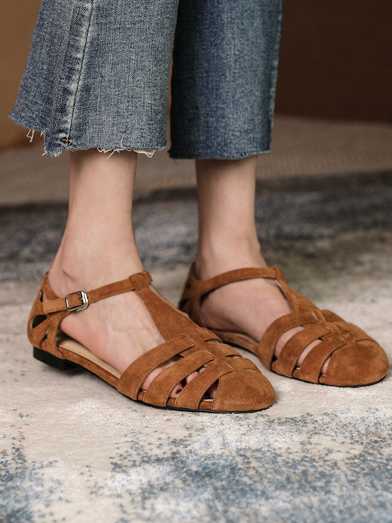 Flats Sandals Piont Toe Hollow Belt Leather Vintage Shoes