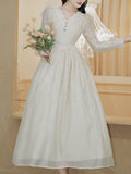 White V Neck Lace Long Sleeve Wedding Dress