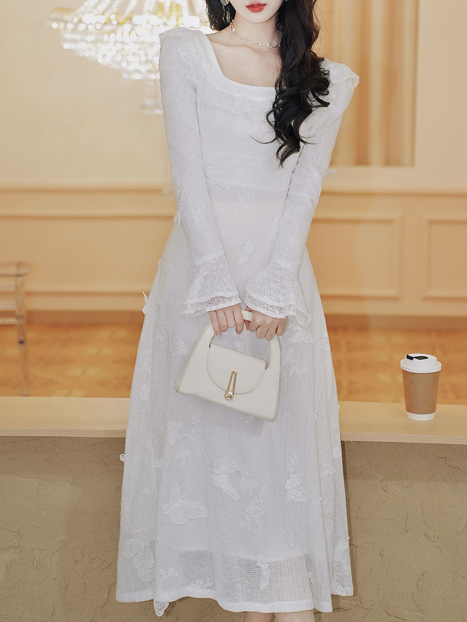 White 3D Butterfly Square Collar Long Sleeve Wedding Dress