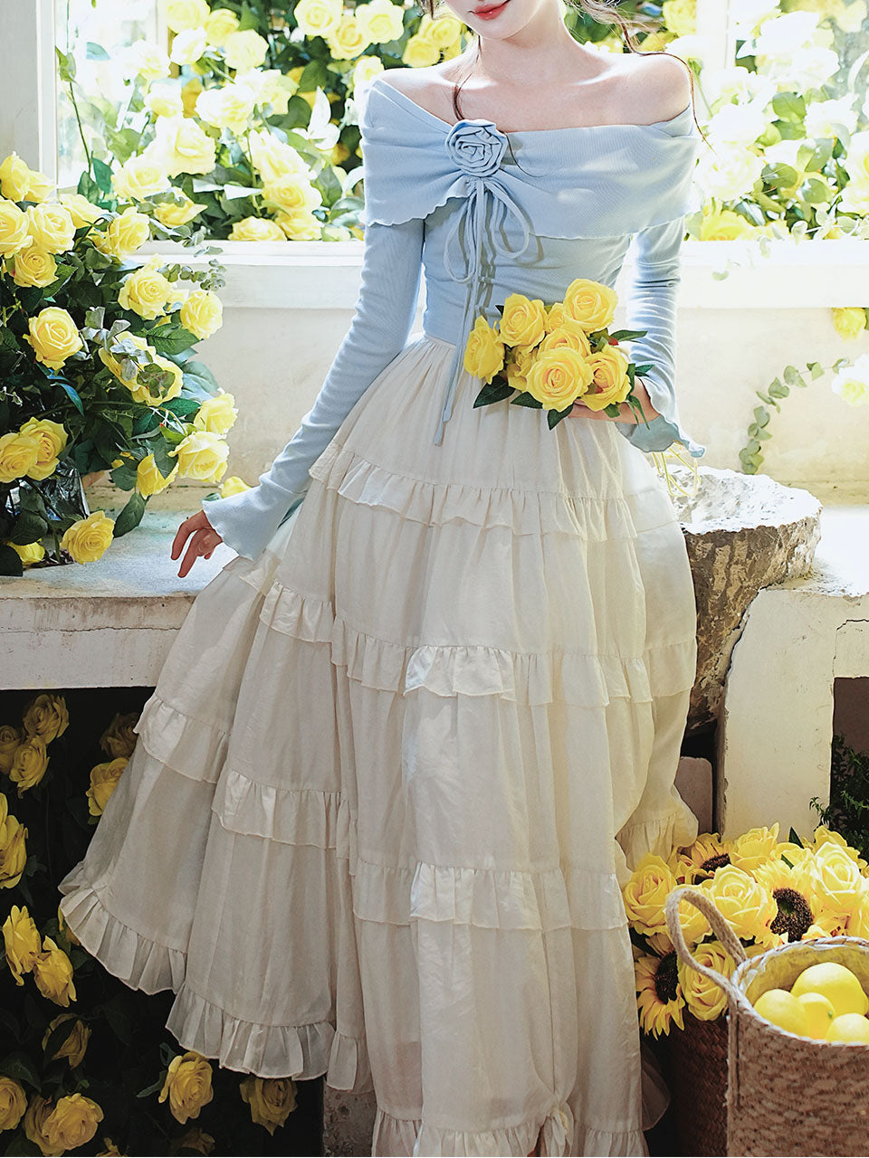 2PS Blue Off Shoulder Long Sleeve Shirt And White Swing Skirt Outfits