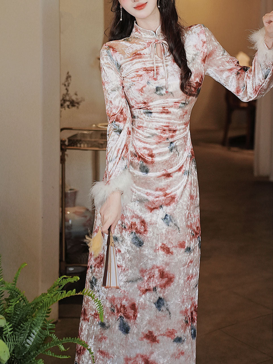Pink Print Velvet Cuffs Fur Lined Plush Cheongsam Dress