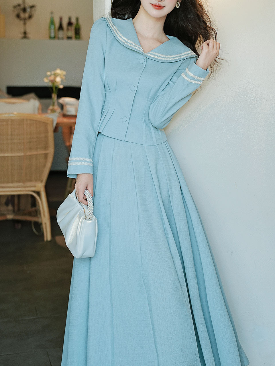 2PS Lake Blue Sailor Collar Tweed Coat