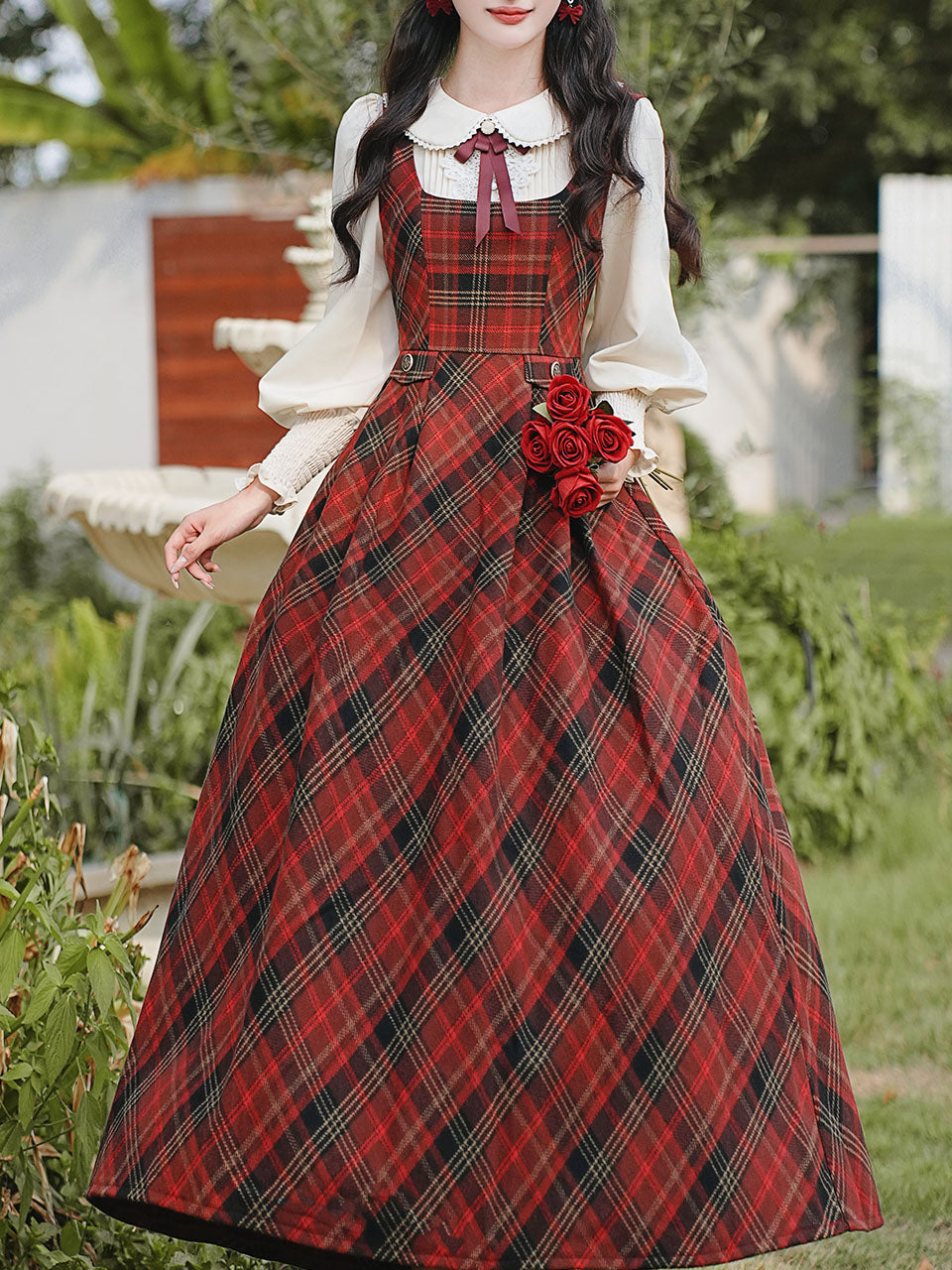 Red Tartan Wool Blend Jumper Dress