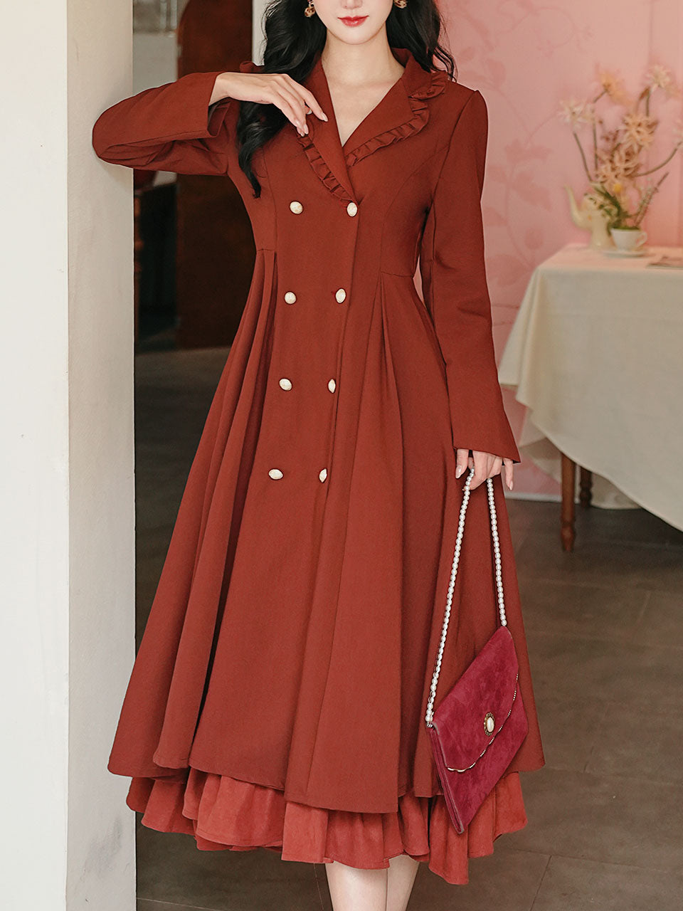 Grey Classic Vintage Lapel Double Layered Hem Swing Dress