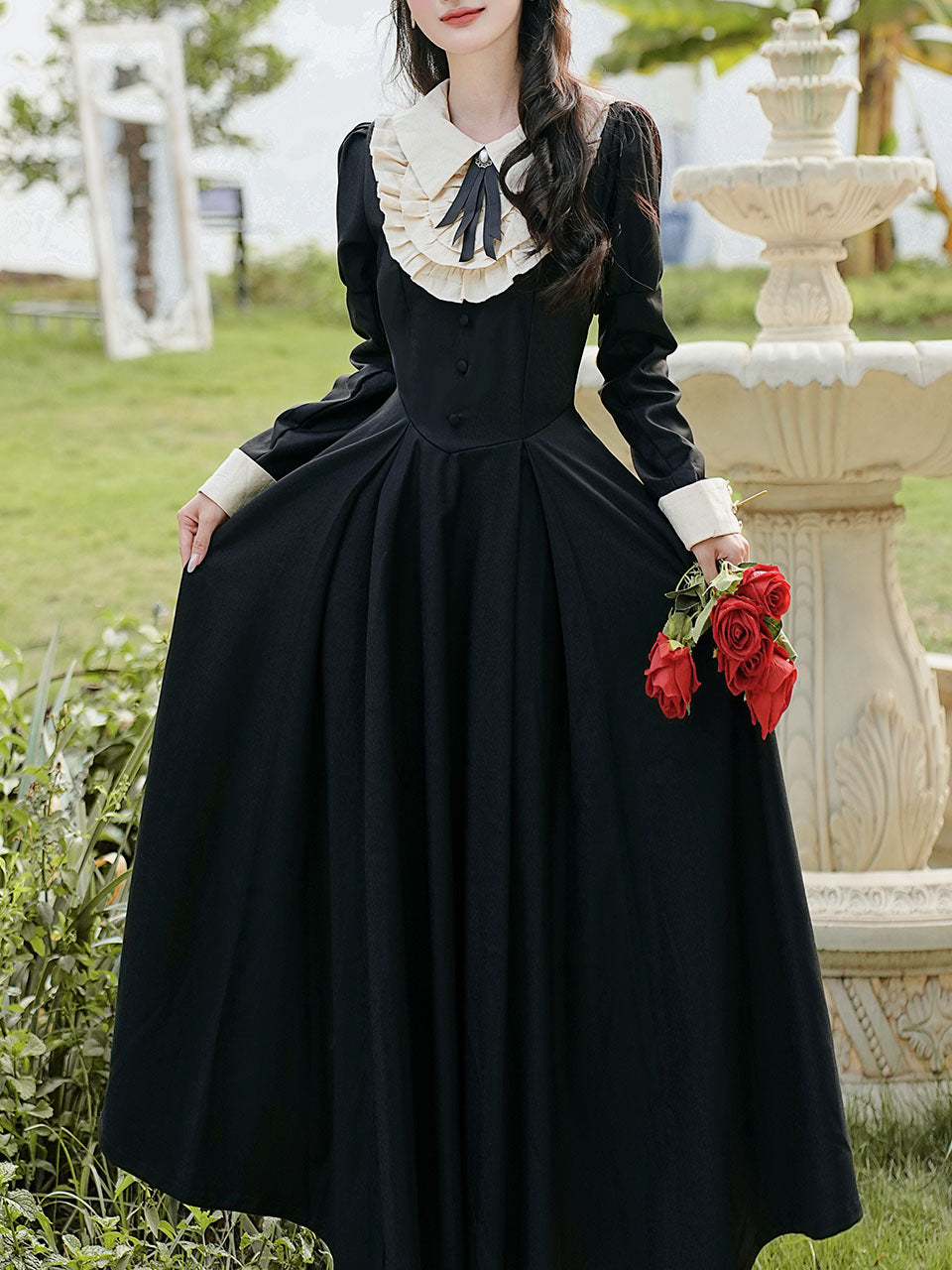 White Lace Collar Long Sleeve Black Edwardian Revival Dress