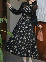 1950S Vintage Black Embroidered Puffed Sleeve Shirt And Swing Skirt Set