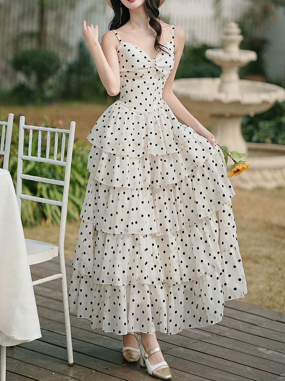 Vintage White Polka Dots Spaghetti Strap Maxi Dress