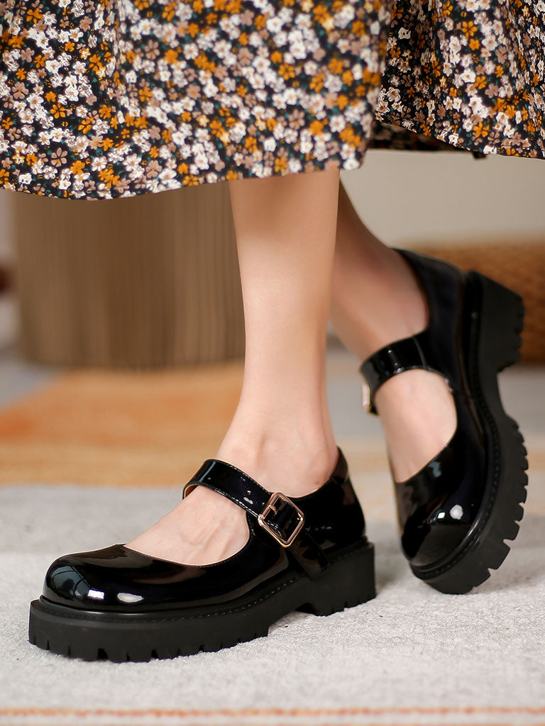 Black Platform Shoes Square Toe Leather Vintage Shoes