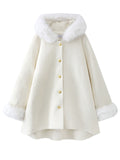 White Hooded Winter Short Vintage Coat Long Sleeve