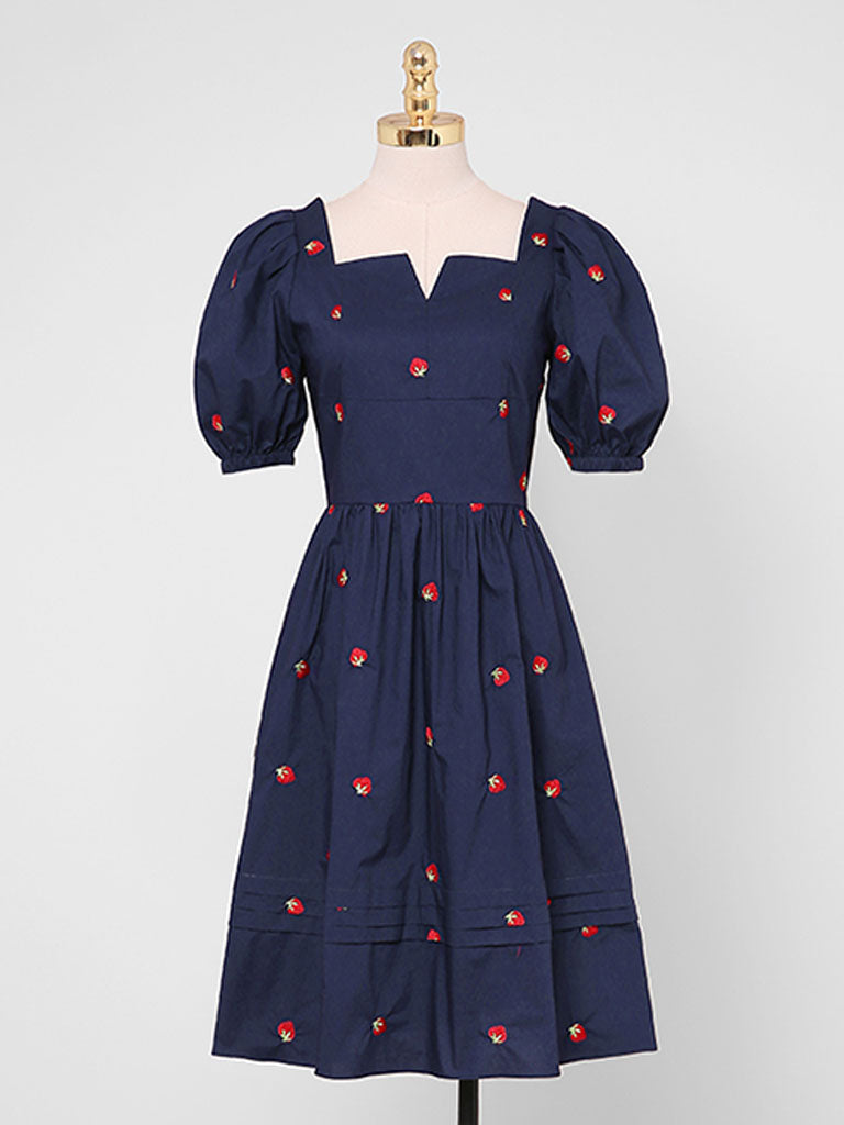 Navy Embroidered Vintage Square Neck Puff Sleeve Mini Dress