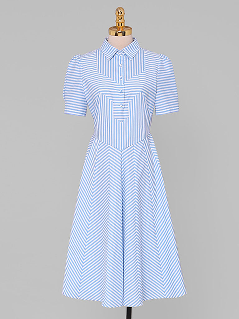 Blue Stripe Turn Down Collar 1950S Vintage Dress