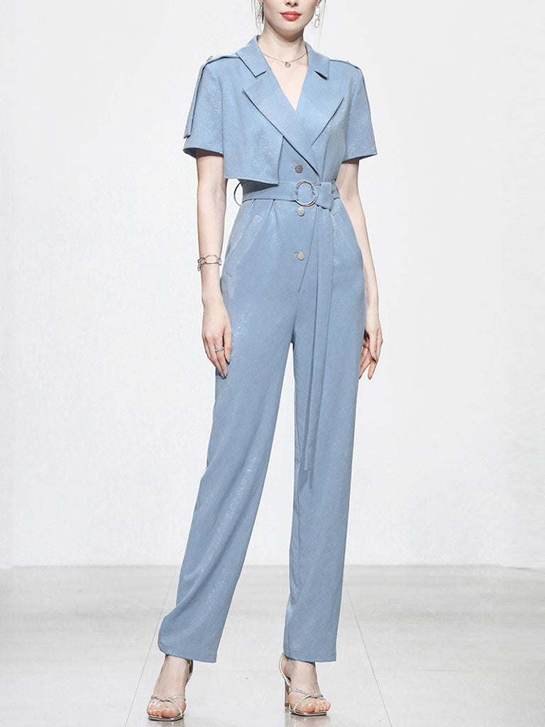 Lapel Collar Short Sleeve Asymmetric Design Belted Waist Jumpsuit