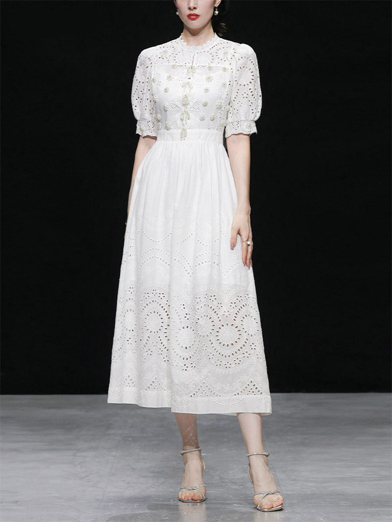 White Hollow Embroidered Pearl Puff Sleeve Lace Sweet Vintage Princess Dress