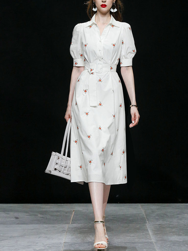 White Embroidered Shirt Lapel 1950S Comfortable Cotton Vintage Dress