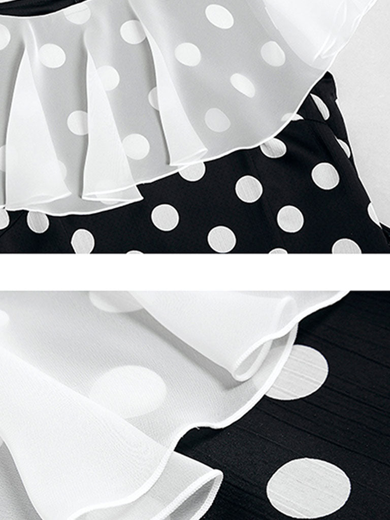 Black And White Polka Dot Vintage Lotus Leaf Cape Waist Slim Elegant Fishtail Dress