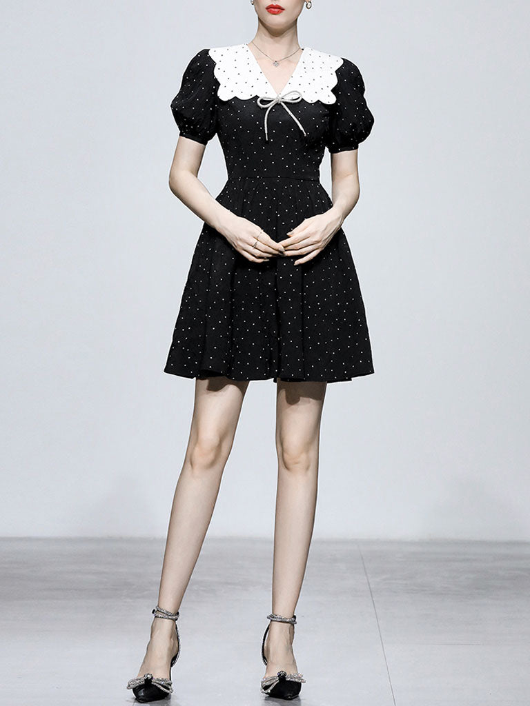 Polka Dot Doll Collar Puff Sleeves Mini Black Dress Vintage Style
