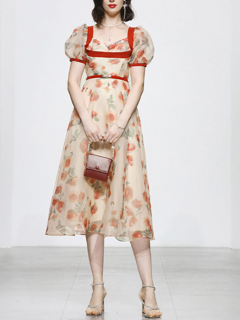Romantic Rose Manor Retro Lantern Sleeve Wavy Organza Dress
