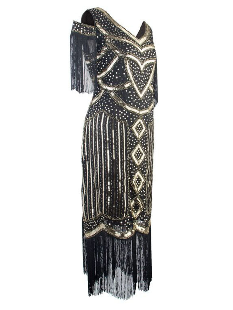 Glod Gatsby Glitter Fringe 1920s Flapper Dress