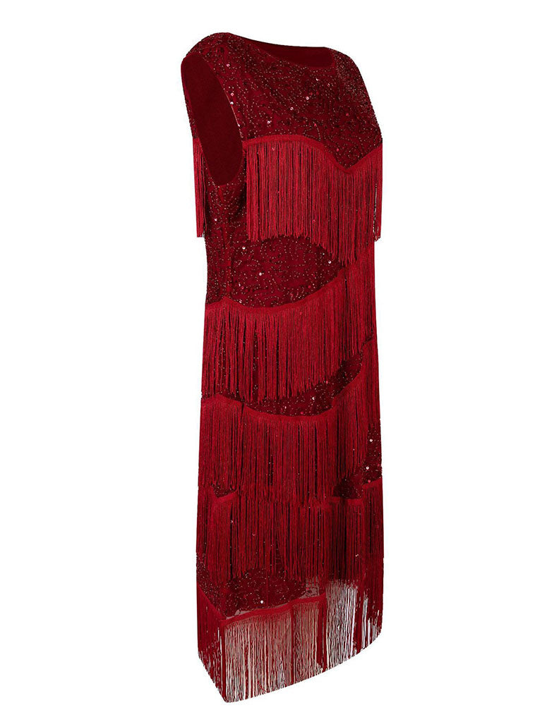 Wine Red Gatsby Glitter Fringe 1920s Flapper Dress Set
