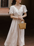 White Wavy V-Neck Embroidered Fairy Dress