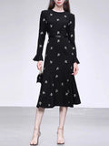 Black Embroidered Flowers Long Sleeve 1940S Fishtail Vintage Dress