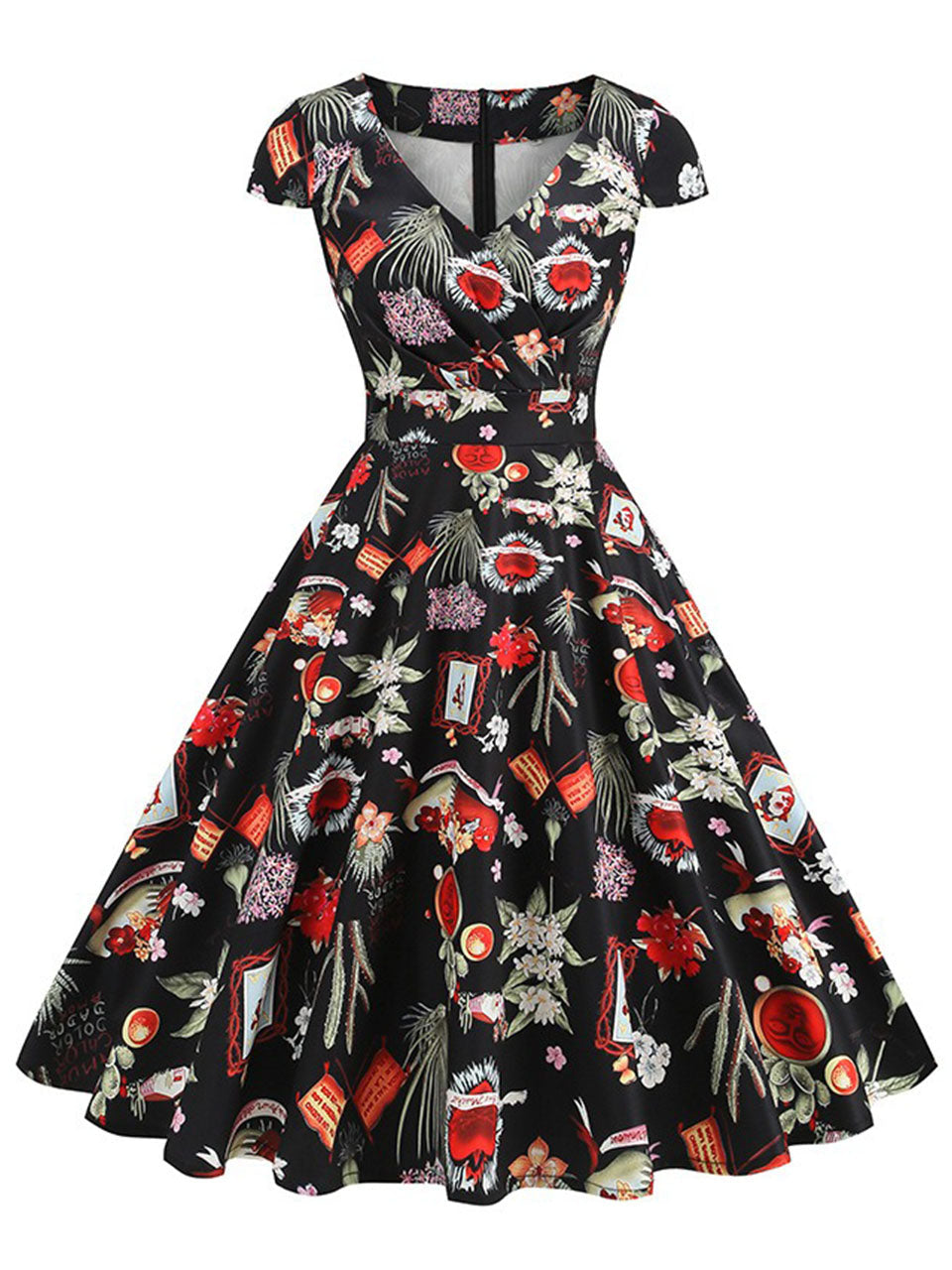 Vintage Sacred Heart Art Print Wrap V-Neck Cap Sleeve 1950s Swing Dress