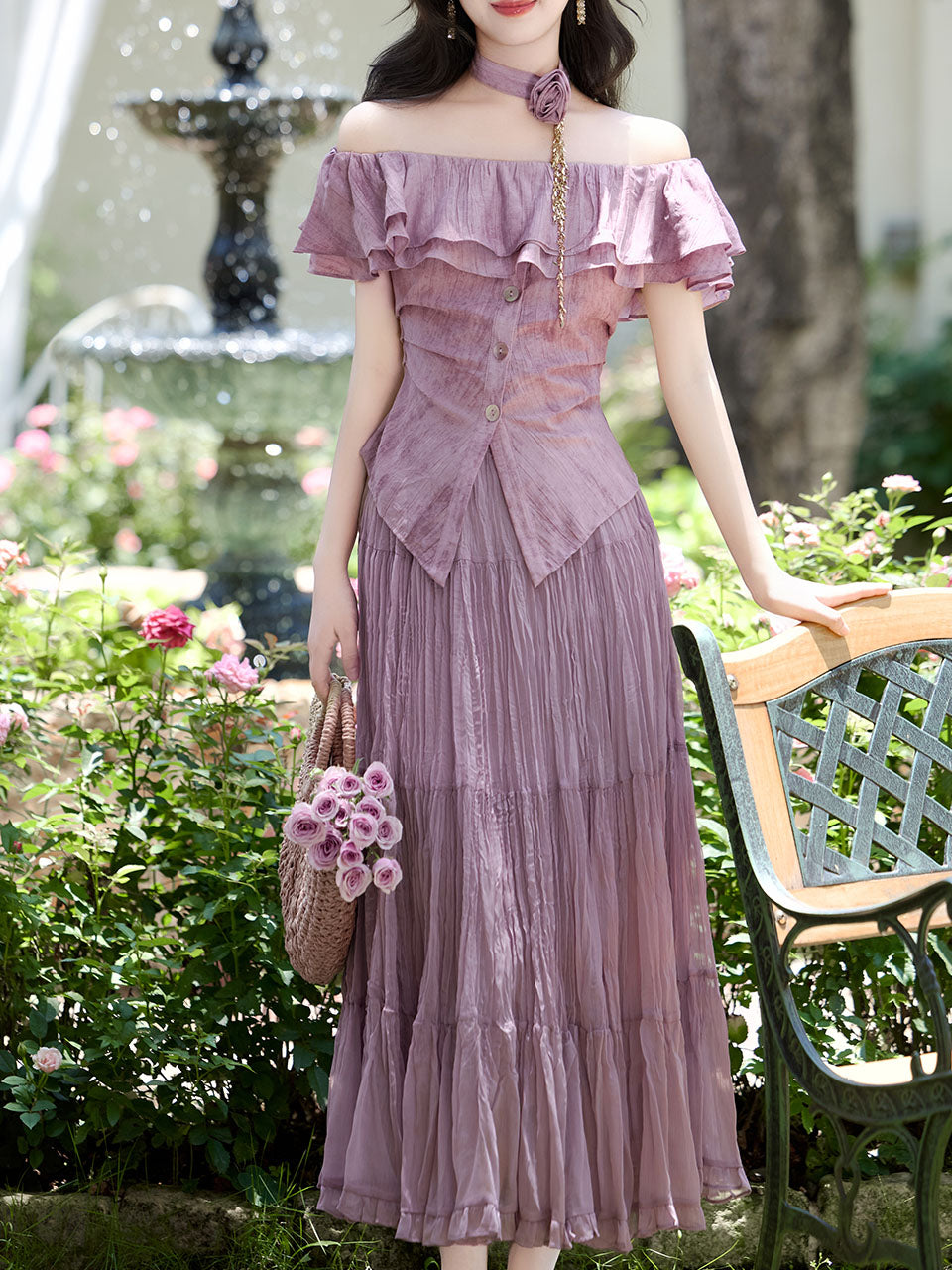 Lilac Off-The-Shoulder Ruffle Maxi Dress Set