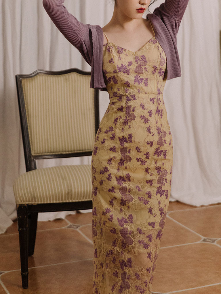 2PS Purple Floral Print Spaghetti Strap Bodycon Split Dress