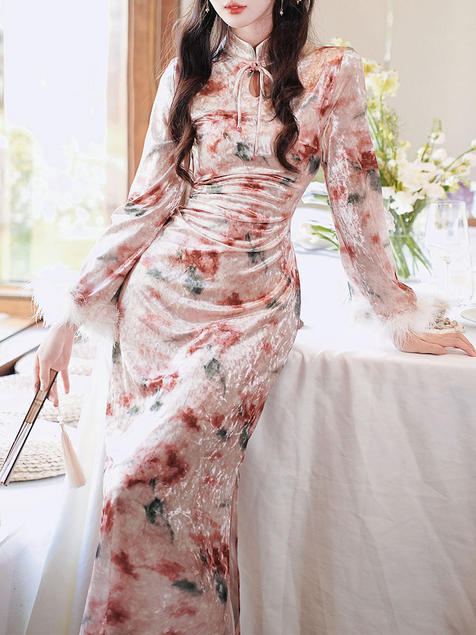Pink Print Velvet Cuffs Fur Lined Plush Cheongsam Dress