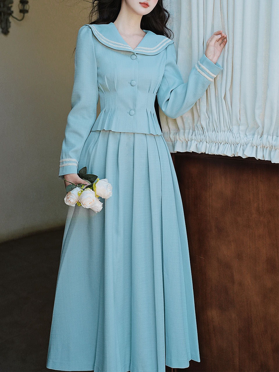 2PS Lake Blue Sailor Collar Tweed Coat