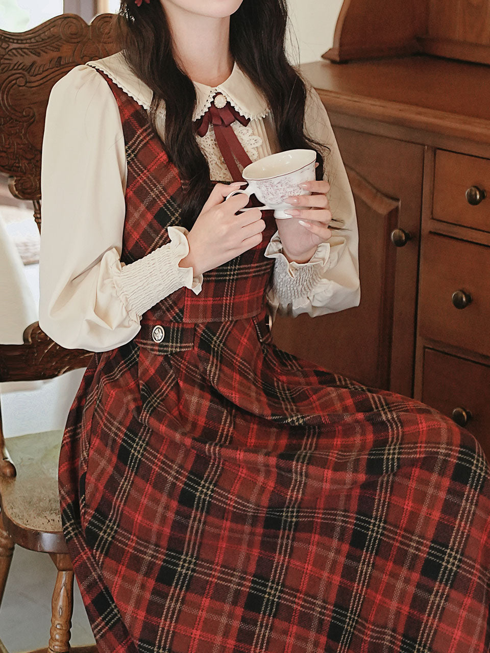Red Tartan Wool Blend Jumper Dress