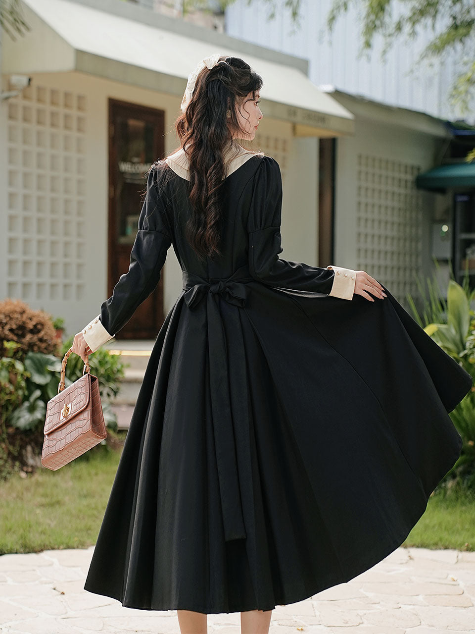 White Lace Collar Long Sleeve Black Edwardian Revival Dress