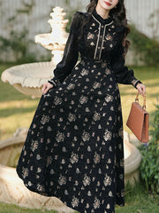 1950S Vintage Black Embroidered Puffed Sleeve Shirt And Swing Skirt Set