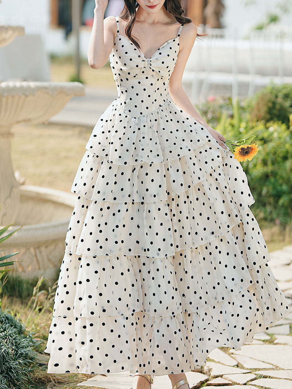 Vintage White Polka Dots Spaghetti Strap Maxi Dress